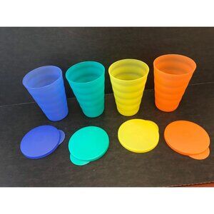 Vintage Set Of 4 Tupperware Ribbed Tumblers & Lids NWOT Blue Turquoise Yellow